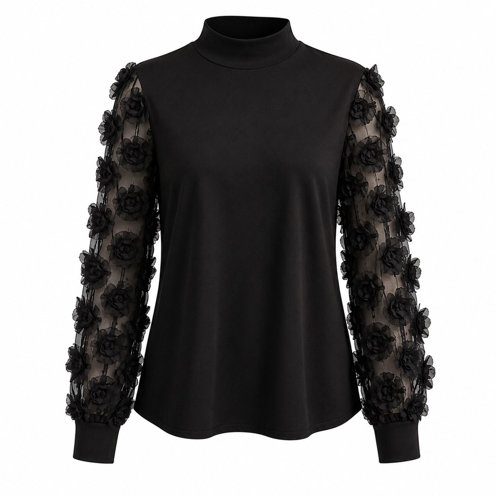 3D Floral Rosette Appliques Sheer Mesh Puff Sleeve Mock Neck Romantic Blouse Top